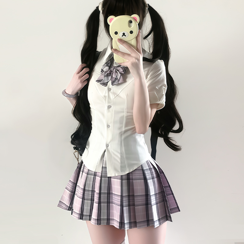 梨谱熊收腰衬衫jk制服套装格裙女辣妹纯欲百搭显瘦校供白衬衫短裙
