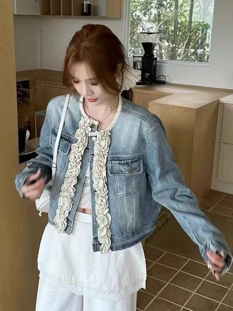 薄款厚款短外套常规款拼接上衣圆领做旧修身型女装