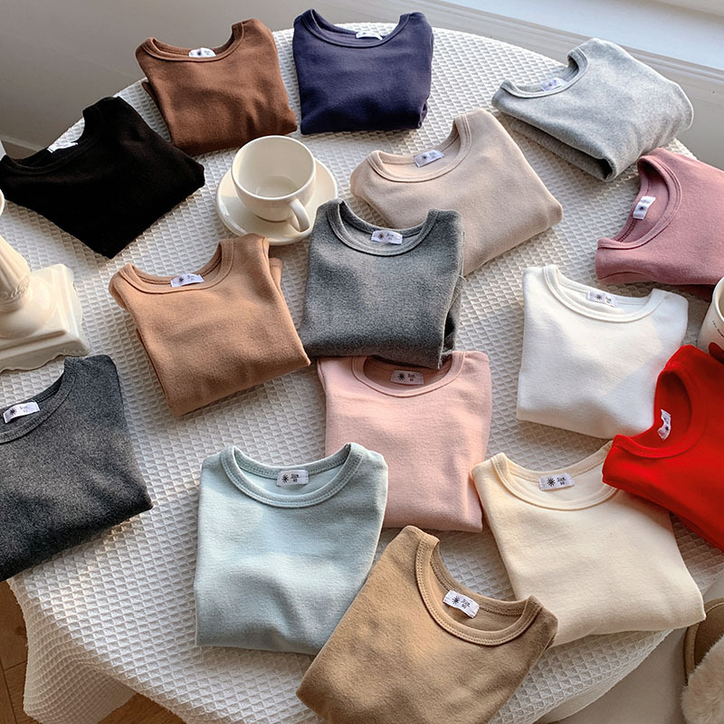 小童圆领秋冬德绒磨毛上衣长袖极简风纯色T恤秋上衣打底衫男女童