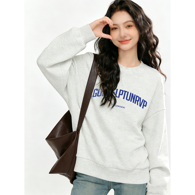 秋冬季字母印花套头圆领卫衣女加绒加厚韩版宽松百搭大码无帽上衣
