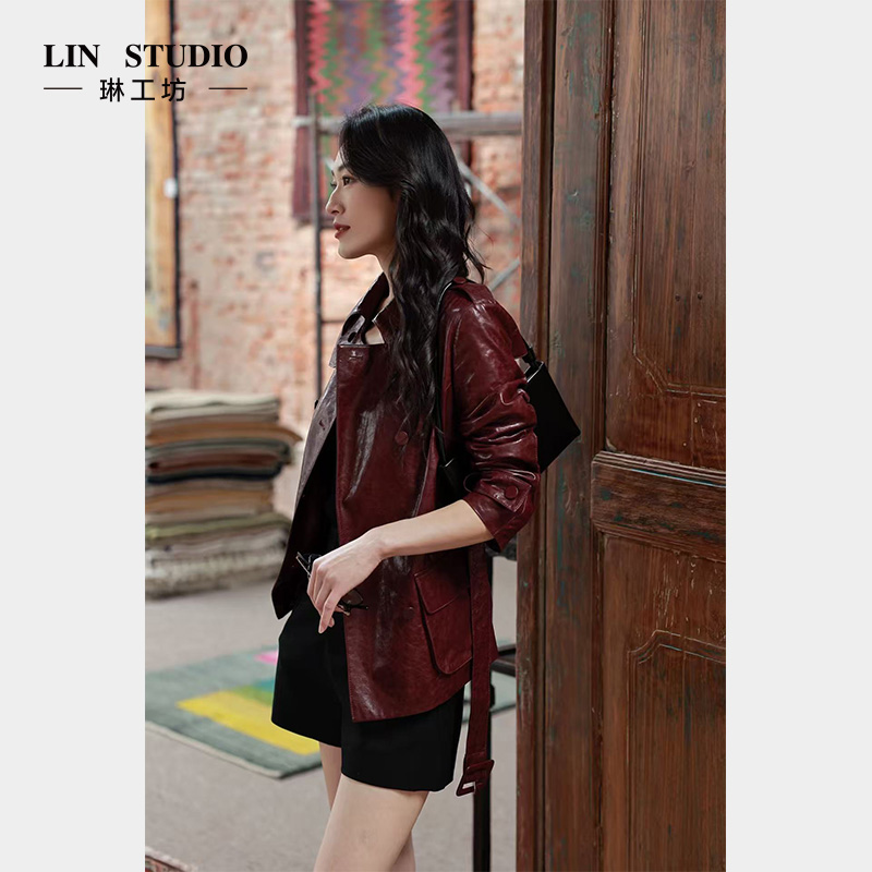 【油蜡工艺小羊皮】琳工坊“红莺”酒红色皮风衣气质时尚复古唐琳设计