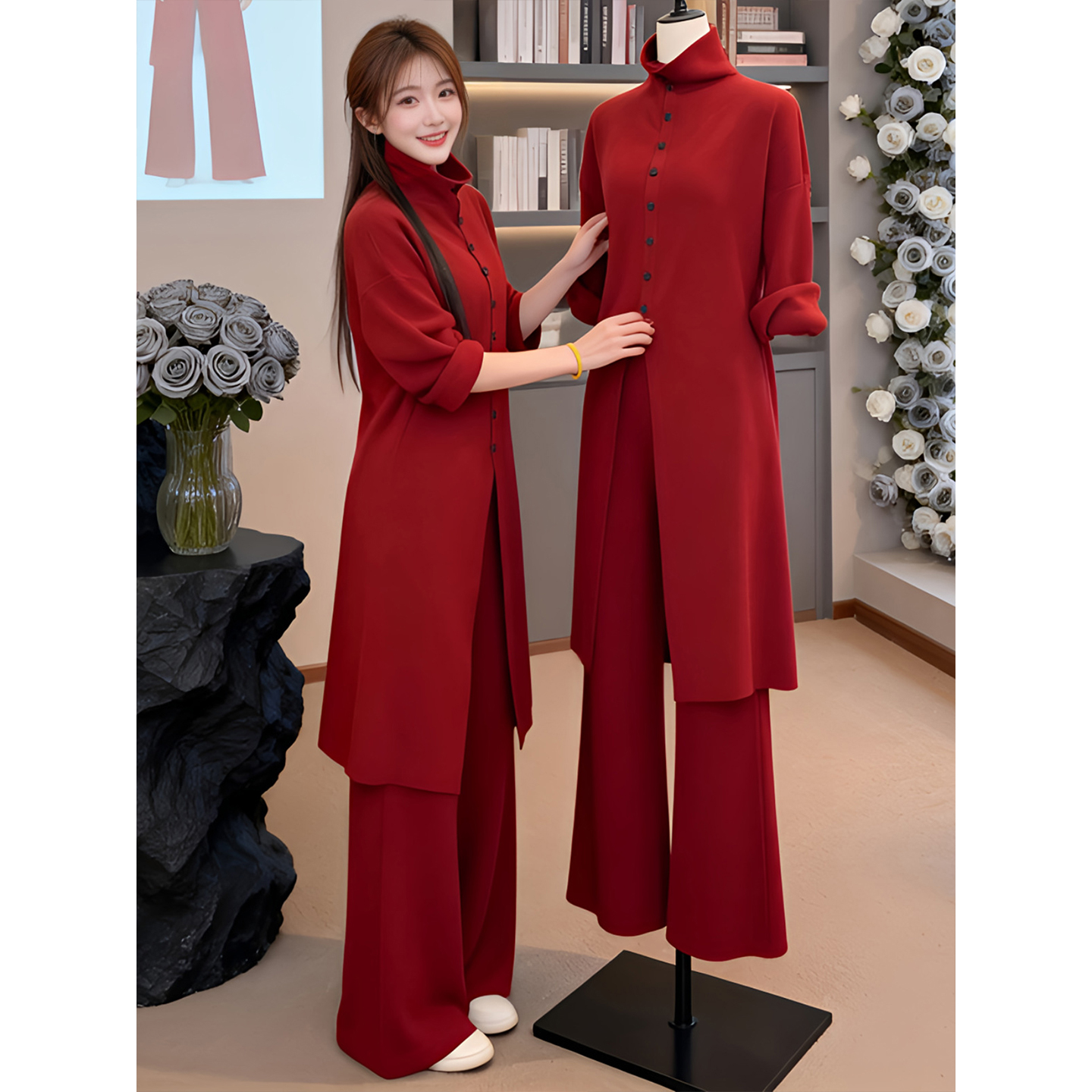 高领针织开衫外套阔腿裤欧货冬季新款气质高级感上衣长裤两件套潮