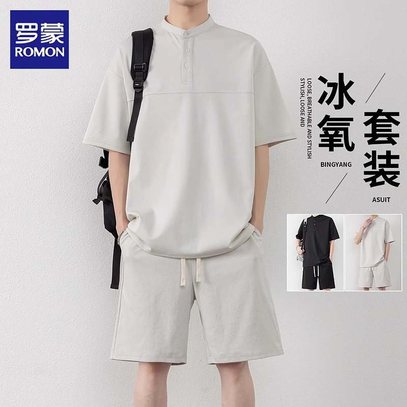 罗蒙男士休闲套装夏季薄款潮流运动短袖t恤搭配休闲短裤两件套男