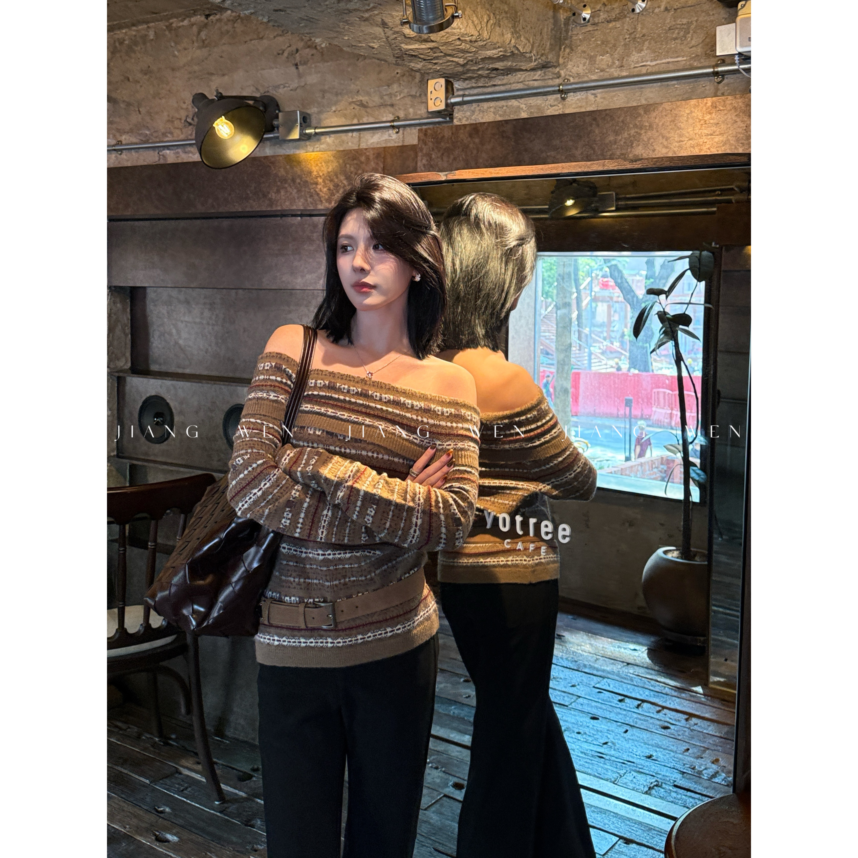 【瓷与咖】一字肩费尔岛针织衫毛衣