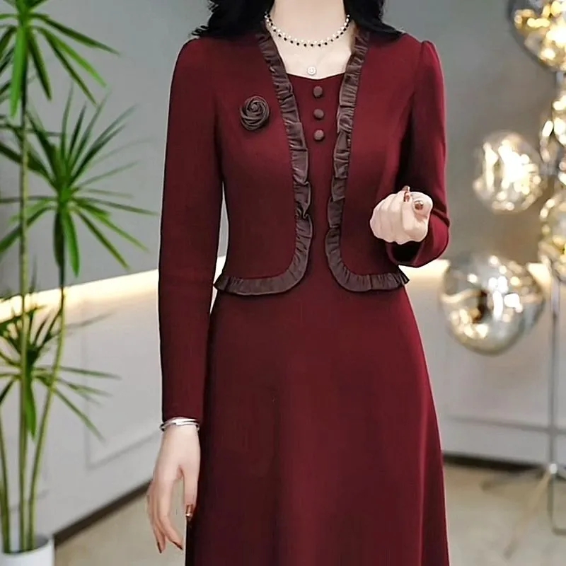 加绒加厚高档冬季2026秋冬季新款气质名媛妈妈装假两件连衣裙女