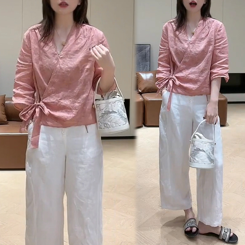 时尚纯色衬衫+纯色直筒裤两件套女2025年春秋夏季新款洋气套装潮