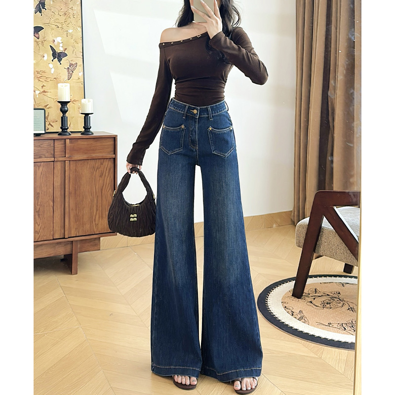 中弹休闲风长裤女水洗秋季牛仔裤阔腿裤高腰直筒设计感垂感裤子