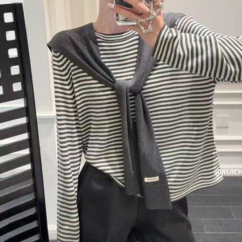 【带披肩】条纹长袖针织夏季女毛针织衫百搭显瘦针织衫秋冬毛衣上衣