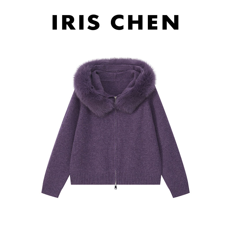 IRIS CHEN 万人迷 2025冬“100绵羊毛660g”狐狸毛领针织衫25SY1089