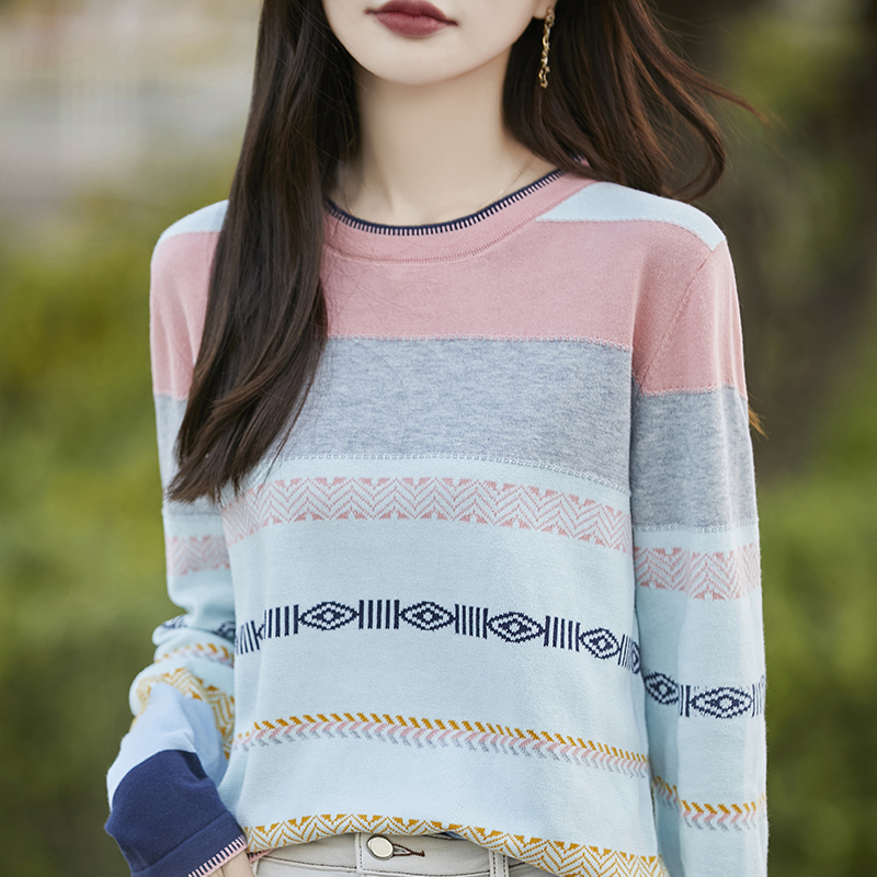 时尚品牌女装初秋季纯棉彩虹百搭针织衫女袖减龄宽松圆领套头上衣