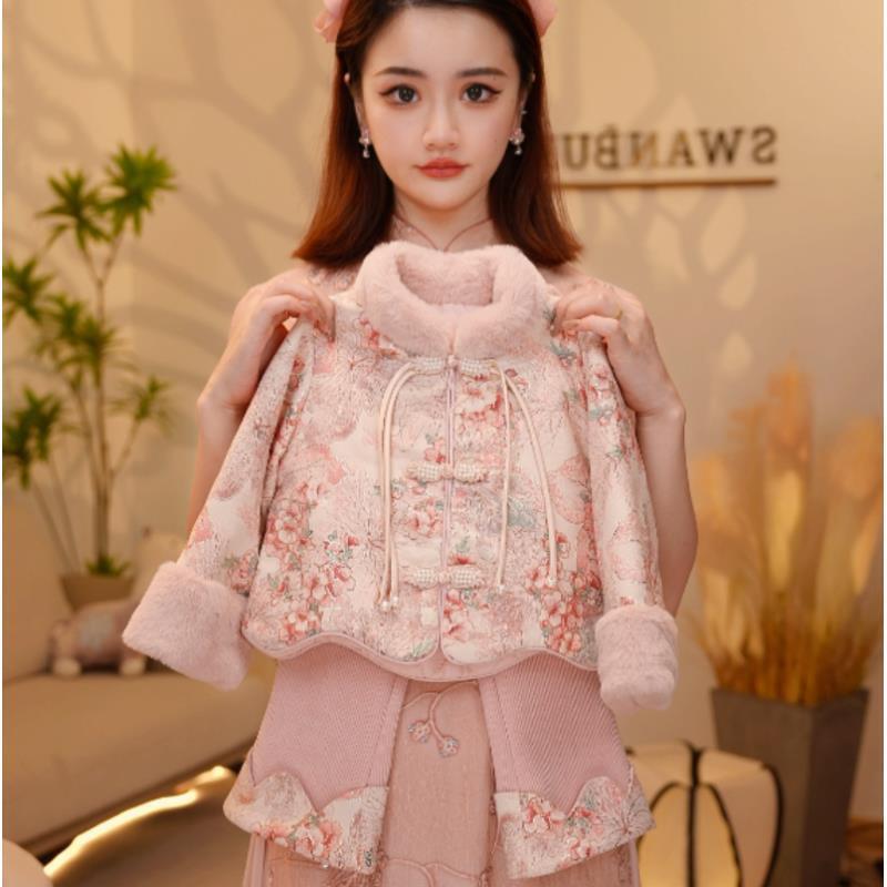 加绒秋冬中国风女童厚款套装毛领女秋冬款外套碎花2026新款过年服