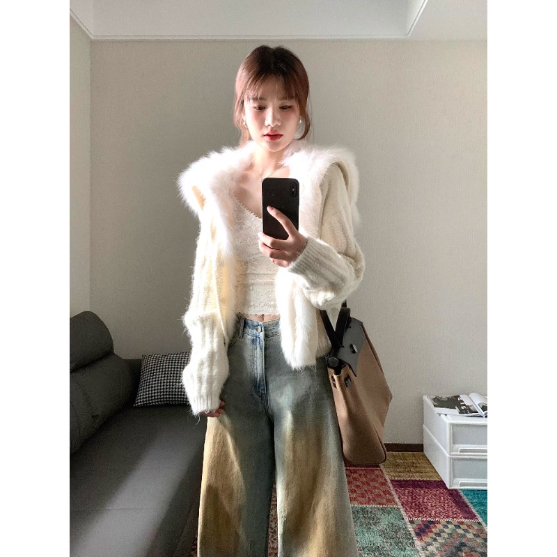 慵懒风白色海军领毛针织开衫女2025秋冬新款软糯宽松显瘦毛衣外套