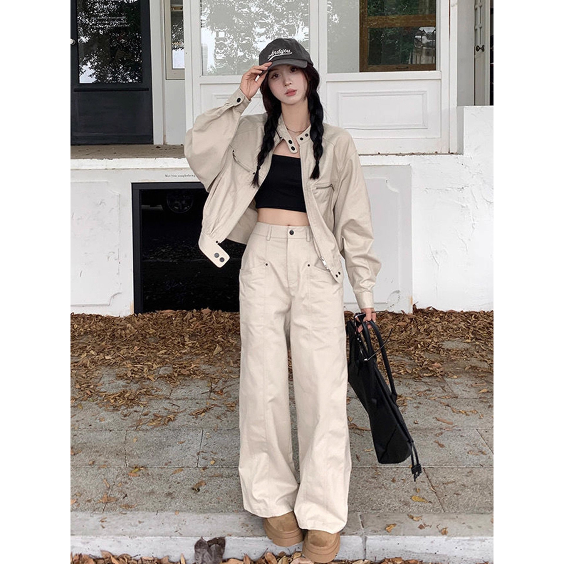 工装风冲锋衣运动套装女秋冬季新款时髦炸街夹克外套阔腿裤两件套