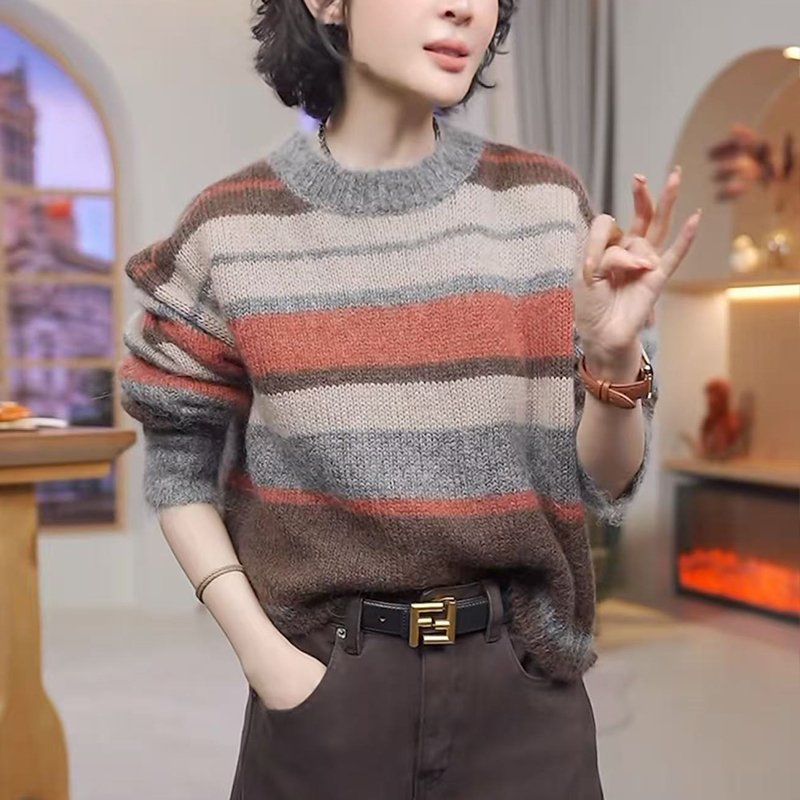 女士慵懒风套头毛衣2025秋冬软糯洋气减龄宽松显瘦条纹针织衫上衣