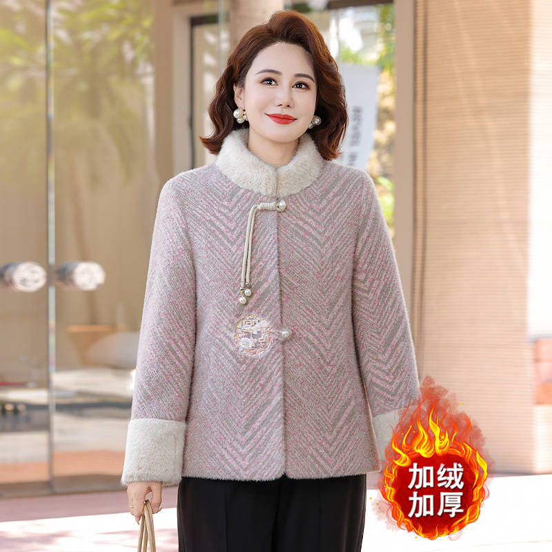 时尚妈妈冬装新中式加绒加厚外套中老年女冬季高贵水貂绒保暖棉衣