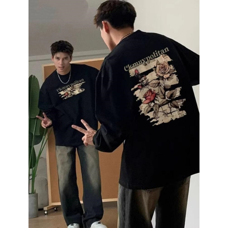 280g重磅纯棉长袖T恤男美式复古黑色玫瑰加绒卫衣潮牌宽松内搭ins