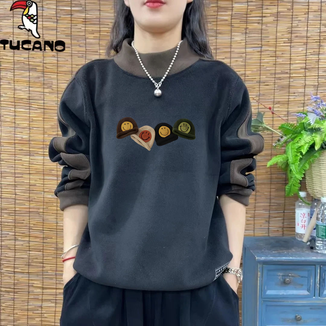 啄木鸟秋季美式复古高级感长袖T恤女撞色oversize设计小众卫衣