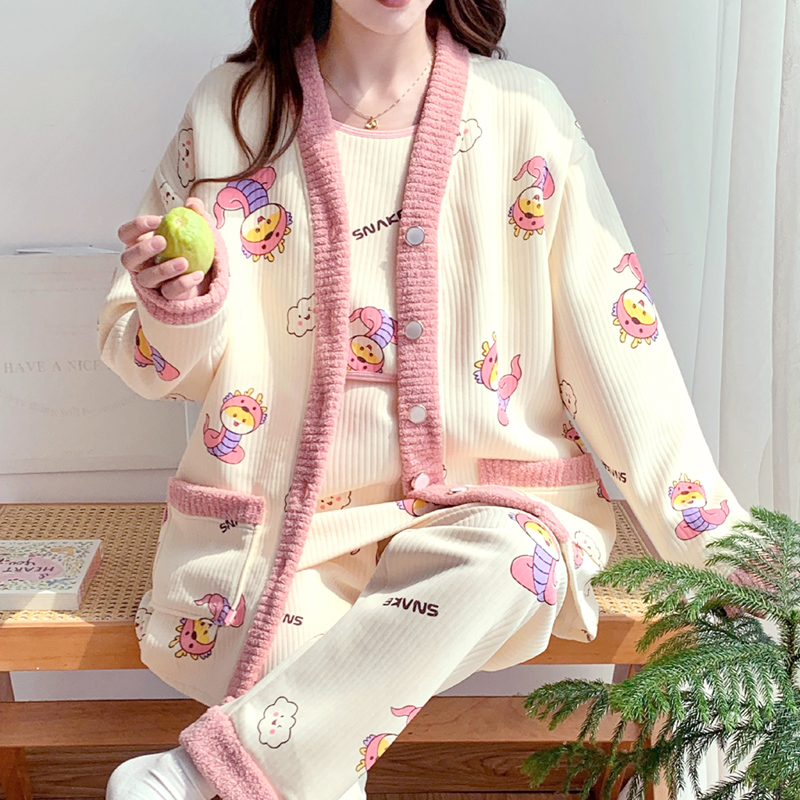 带胸垫月子服秋冬季空气棉产后孕妇睡衣春秋款产妇哺乳家居三件套