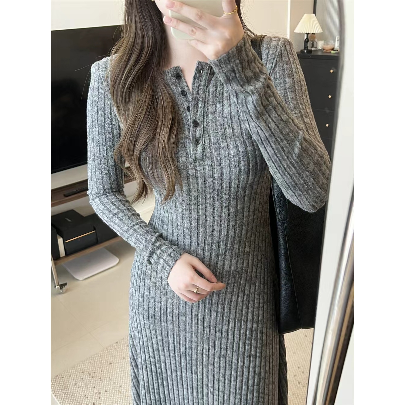 清【绒纱针织裙】秋冬灰色修身打底连衣裙