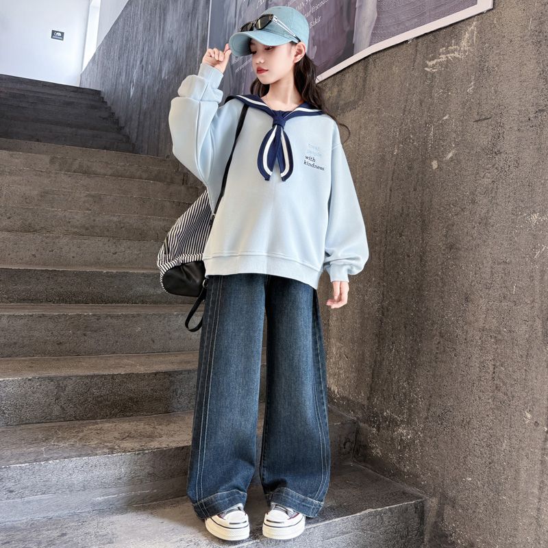 女童秋装套装2025新款洋气儿童海军领学院风卫衣大童牛仔裤两件套