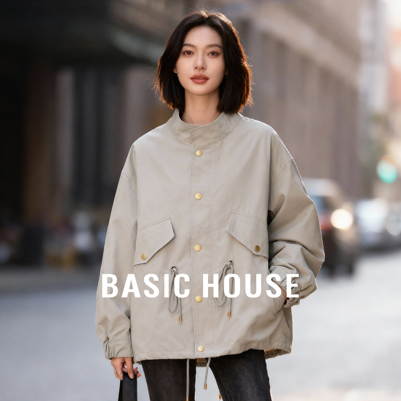 Basic House/百家好立领工装风衣外套女2025新款秋冬抽绳收腰上衣