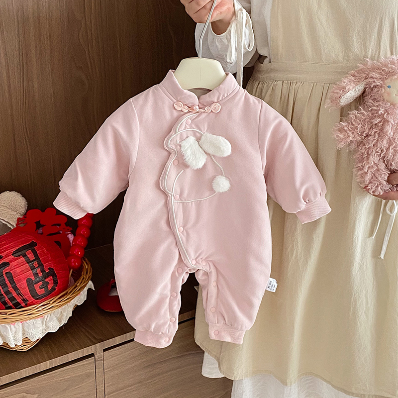 冬季薄棉婴儿连体衣男女宝宝冬装满月百天周岁时尚休闲外出爬服