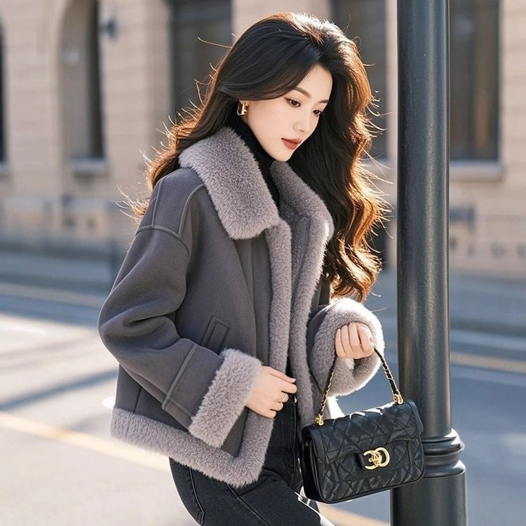 一件代发2024冬季款加绒保暖外套韩版女装小香风毛呢拼接棉袄上衣