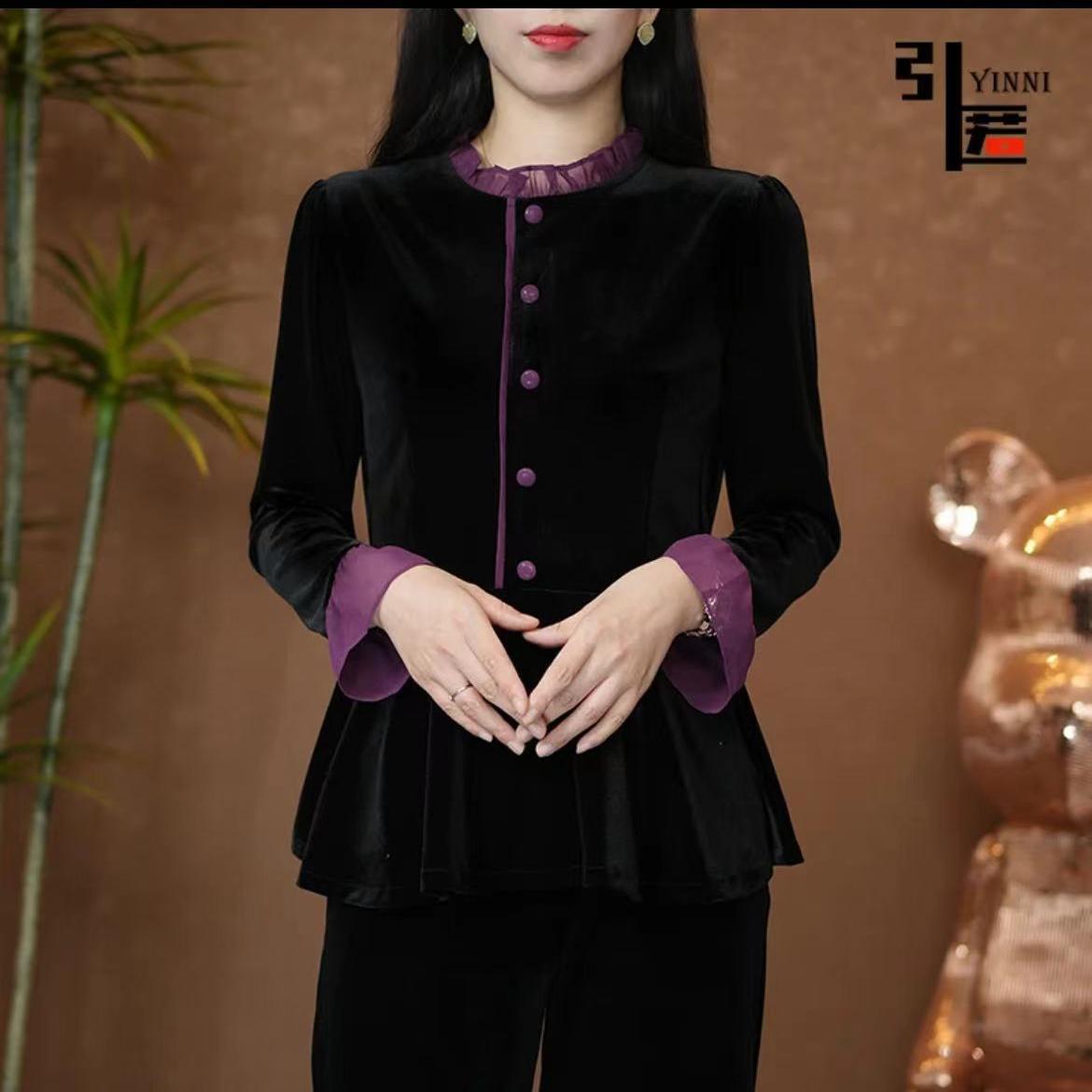 2025春季新款时尚洋气休闲中年女仿金丝绒遮肉国风百搭立领