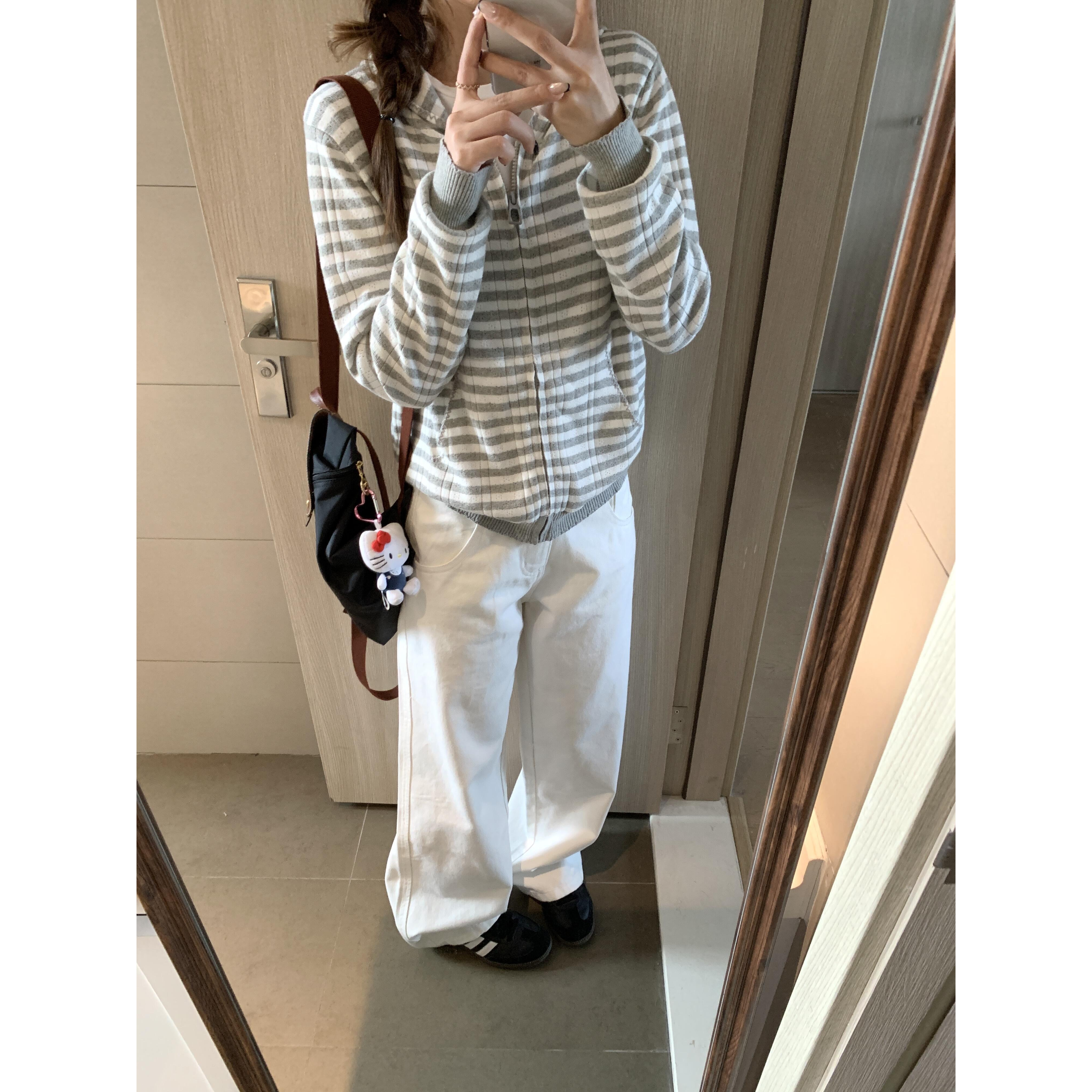 条纹连帽长袖针织衫外套女2025秋季新款韩系显瘦短款开衫上衣