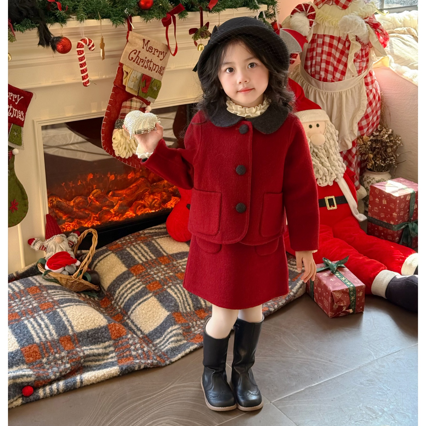 壹妈童装千金感女童双面毛呢大衣儿童毛呢红色斗篷外套宝宝拜年服