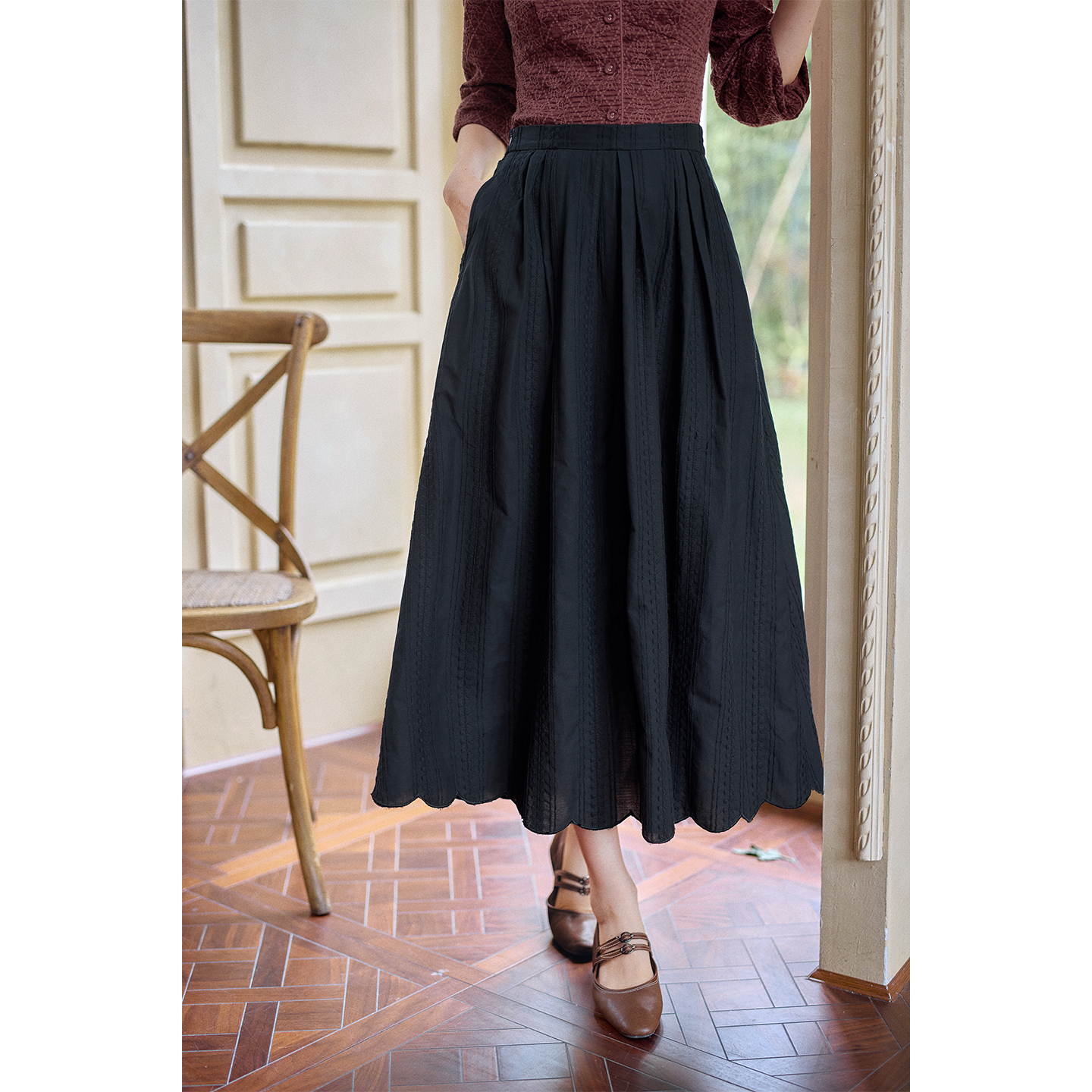 红念黑色大摆半身裙女中长款秋季2025新款女装气质a字优雅裙子