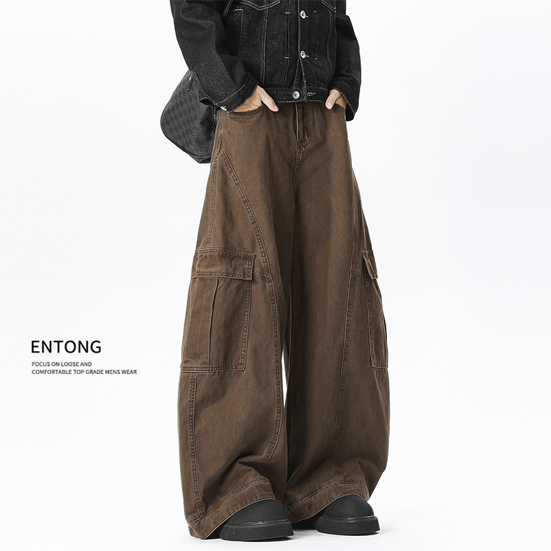Entong潮牌美式解构拼接水洗弯刀工装裤男秋冬复古宽松阔腿休闲裤