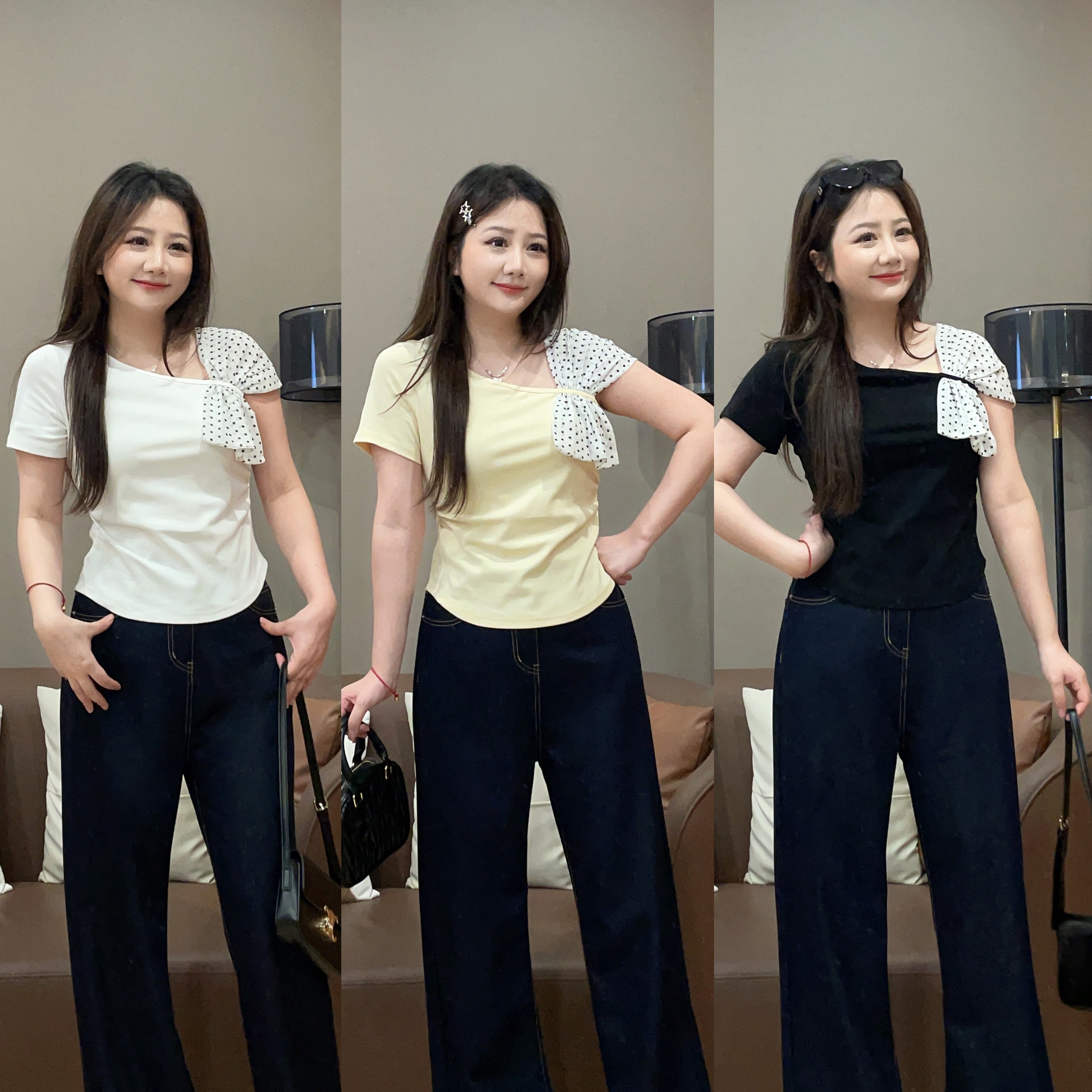 大萌萌【现货】洋气设计感波点拼接T恤夏季微胖显瘦百搭 P225X12007