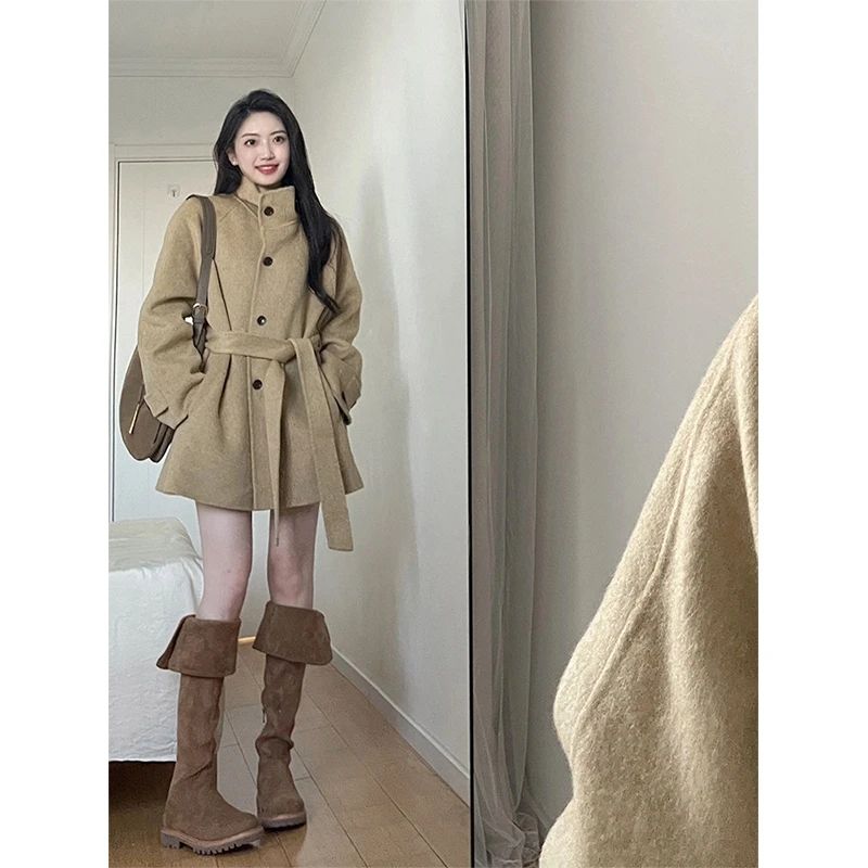 韩版宽松立领毛呢大衣女2025秋冬新款中长款卡其色系带毛呢大衣
