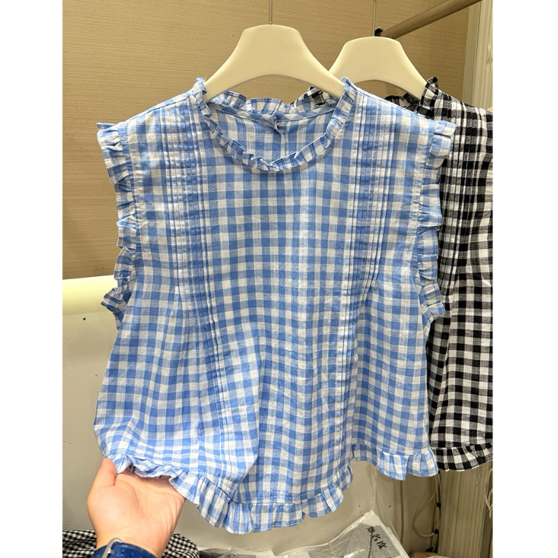 【运补6】新款韩版时尚圆领木耳边格子无袖衬衫女显瘦百搭上衣潮