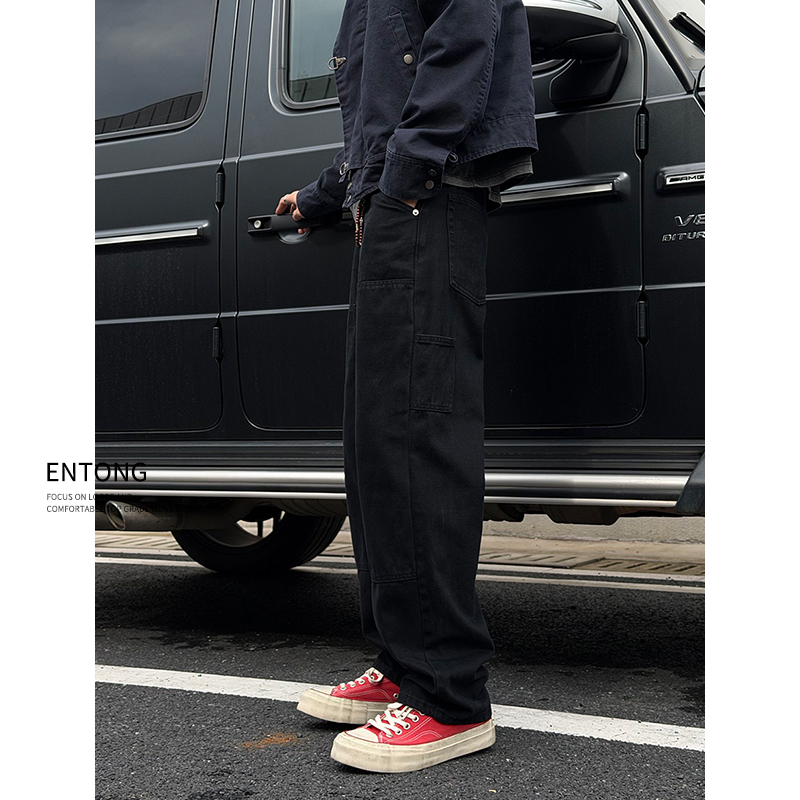 Entong潮牌复古水洗cleanfit黑色工装牛仔裤男美式宽松直筒伐木裤