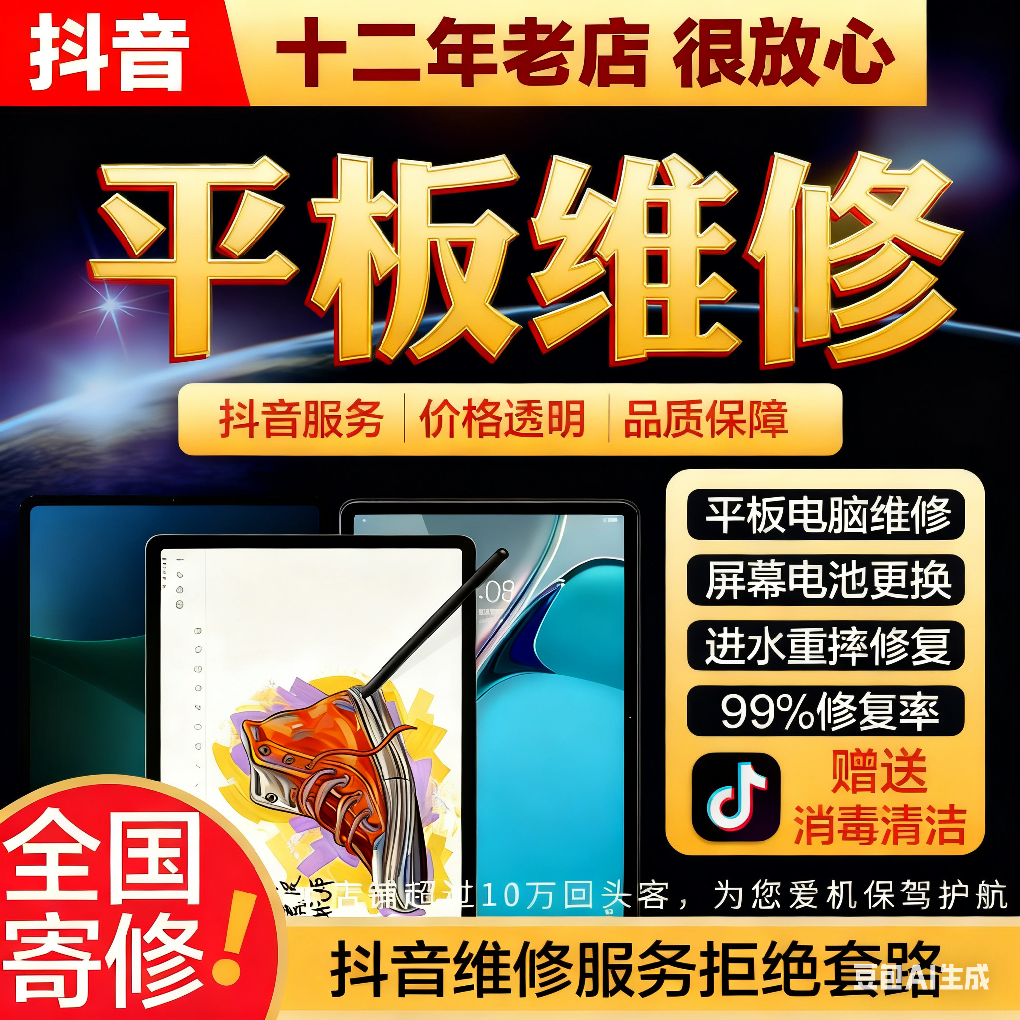 平板电脑维修华为联想vivooppo荣耀小米更换屏幕电池进水主板寄修