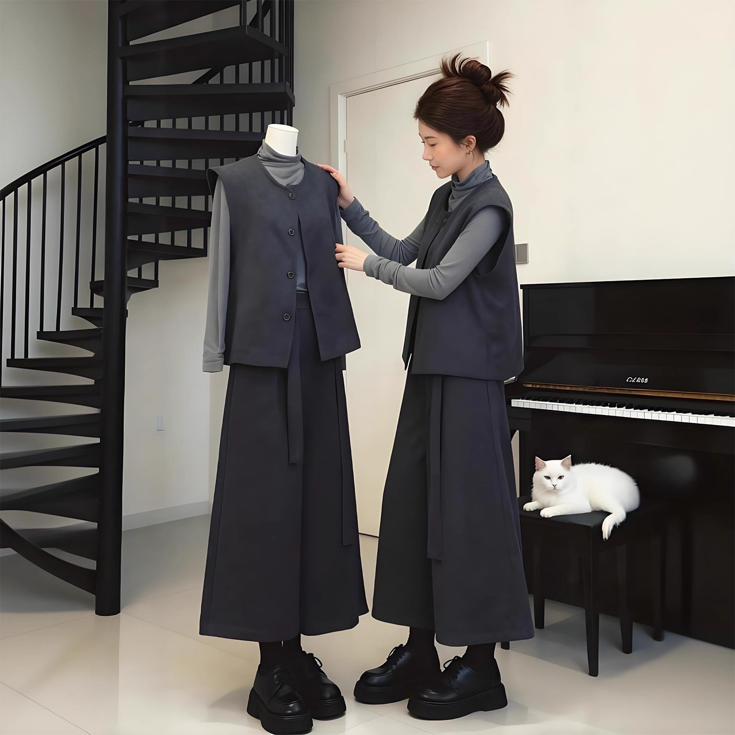 秋装搭配一整套大码胖mm高领打底衫马甲背心阔腿裤巨好看三件套装