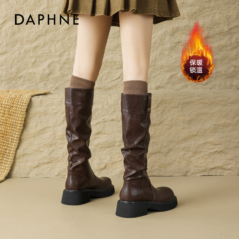 达芙妮厚底长筒靴女2025秋冬新款加绒高筒靴子堆堆皮靴西部骑士靴