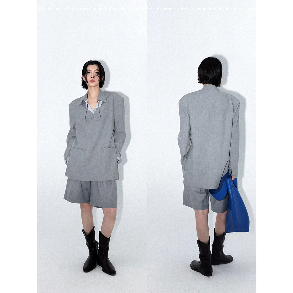 JCCC影子【理所的诗意】灰色撞色可拆领深V领上衣短裤套装JE4LSZ17