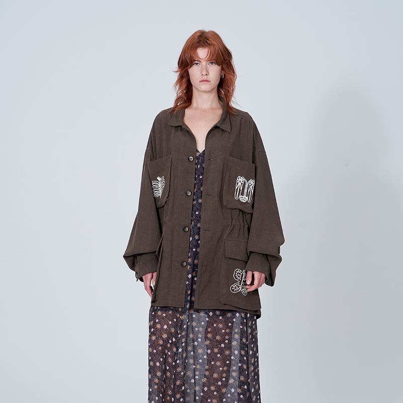 徐若晗同款THE ENES天丝苎麻复古绣花外套美拉德廓形上衣女装