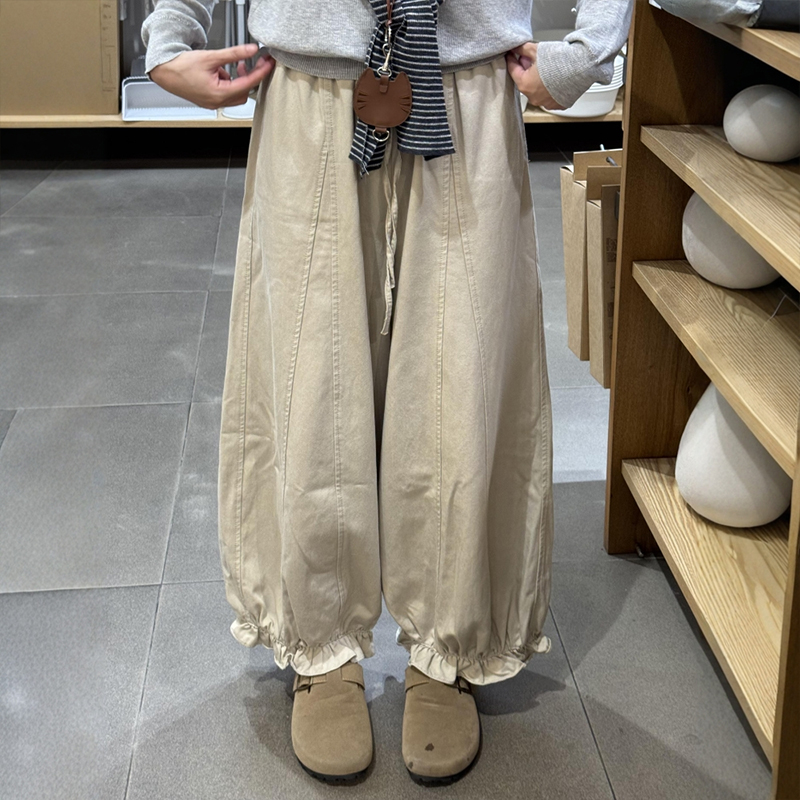 卡其色九分阔腿花苞裤女秋装大码胖mm梨形身材显瘦休闲气球灯笼裤