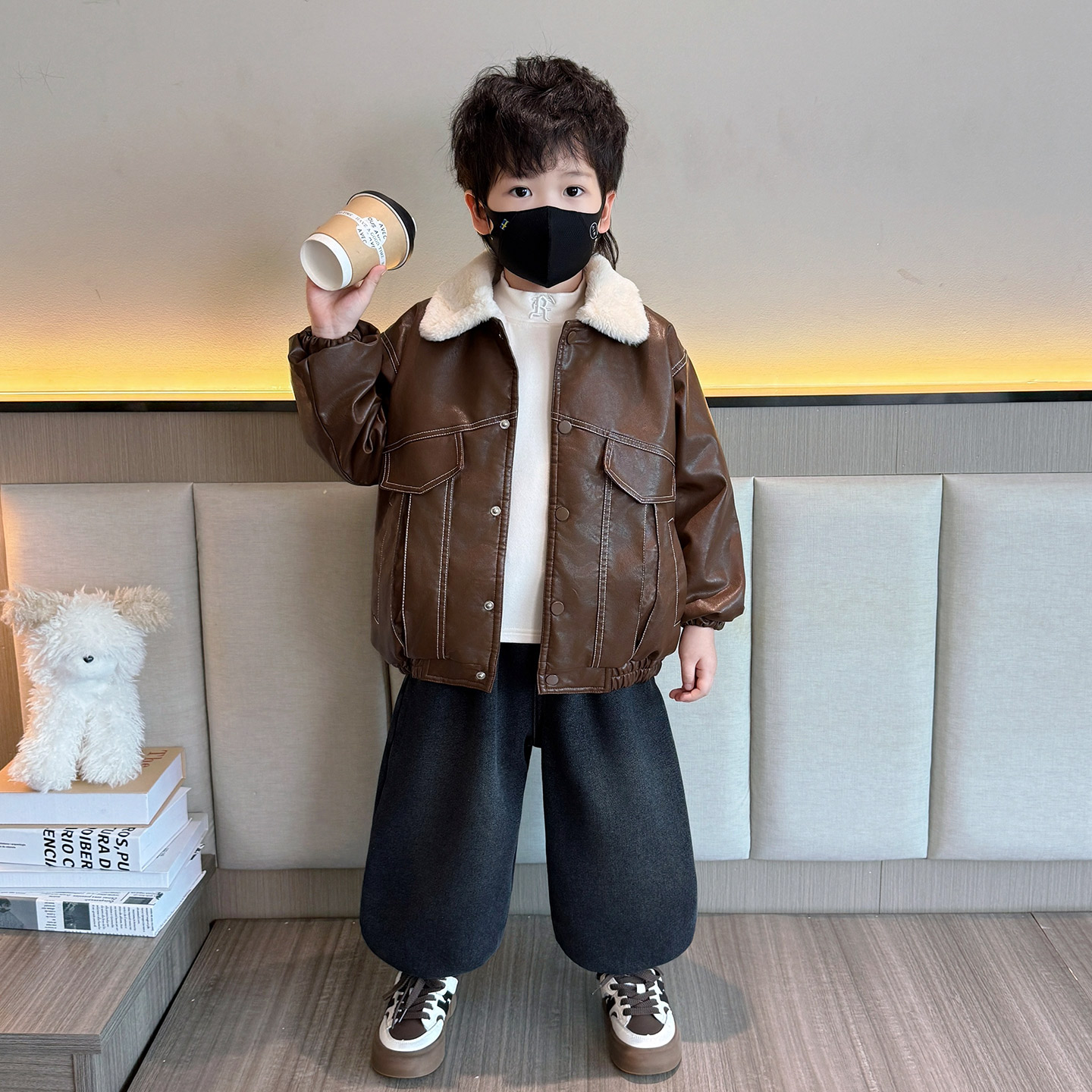 男童加绒外套秋冬装2025新款韩版痞帅气儿童冬款加厚皮衣男孩夹克