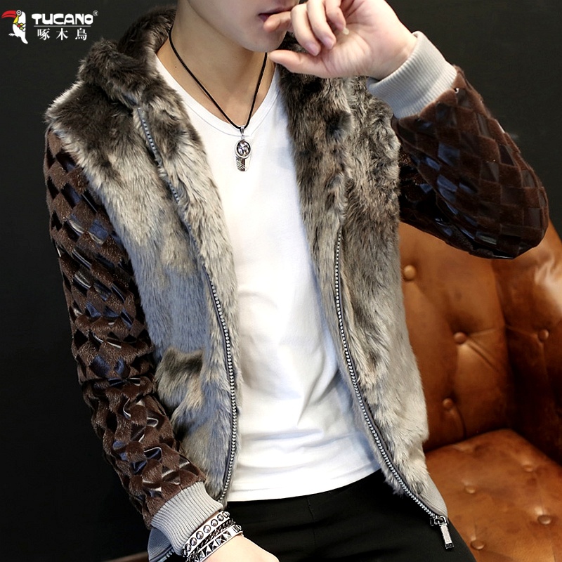 啄木鸟男士仿貂绒夹克秋冬季个性仿皮草上衣轻奢高档时尚加厚外套