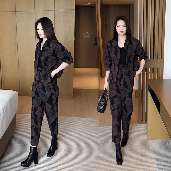 时尚休闲套装两件套2025秋季新款减龄洋气显瘦气质翻领外套套装女