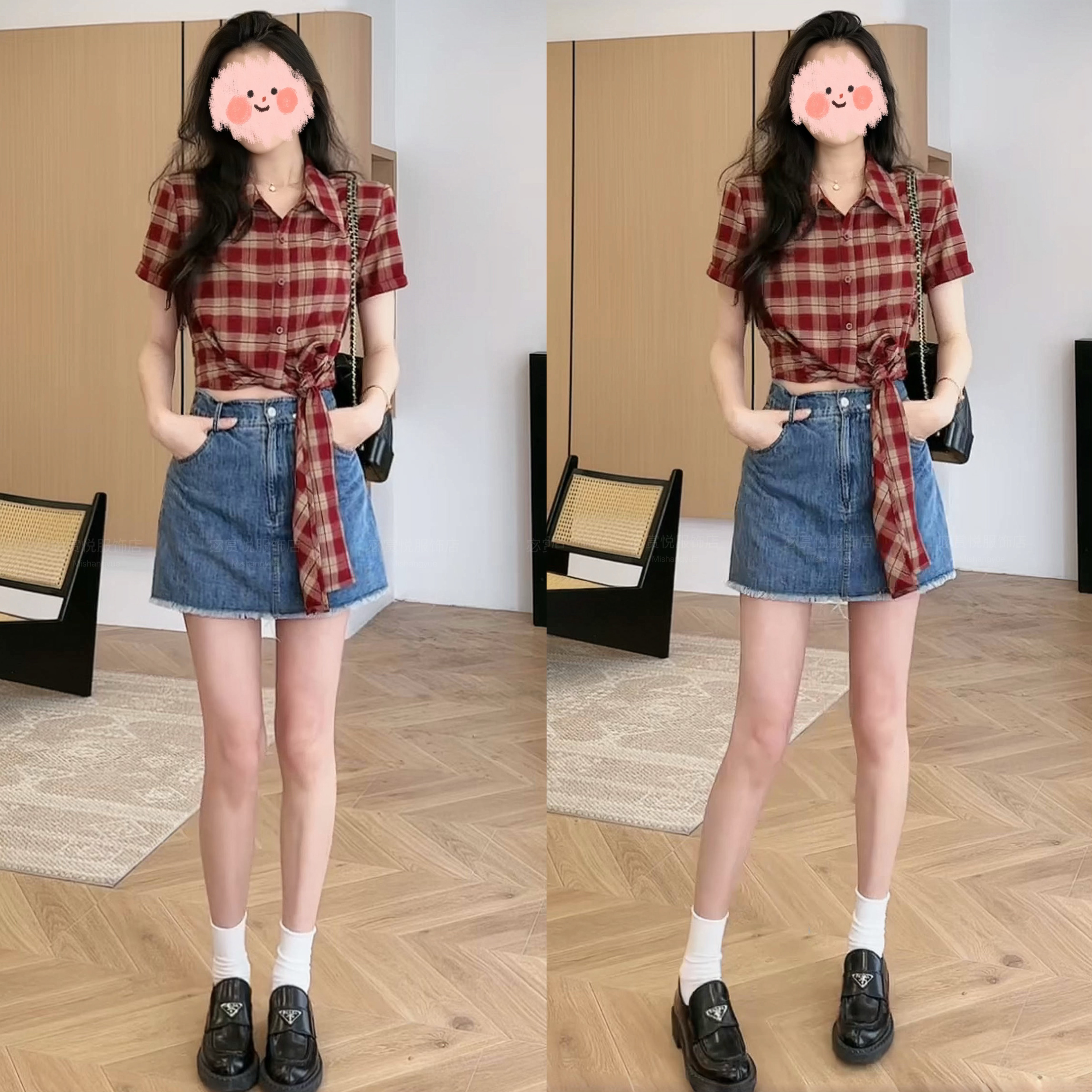2025夏季港风活力复古红格短袖衬衫通勤百搭显瘦牛仔短裙裤套装女