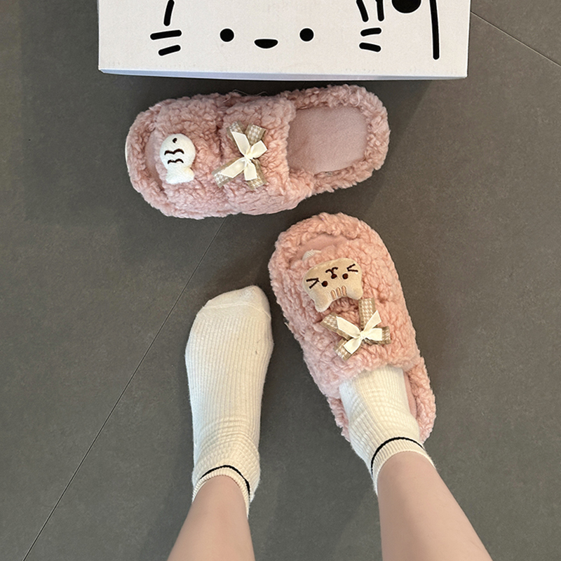 可爱毛毛卡通小猫和小鱼毛毛拖鞋女2025秋冬季新款一字棉拖鞋棉鞋