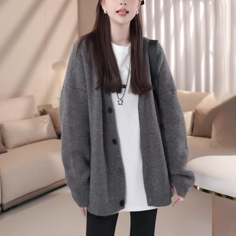 中长款灰色毛衣开衫女2025秋冬新款宽松高级感慵懒风针织长袖上衣