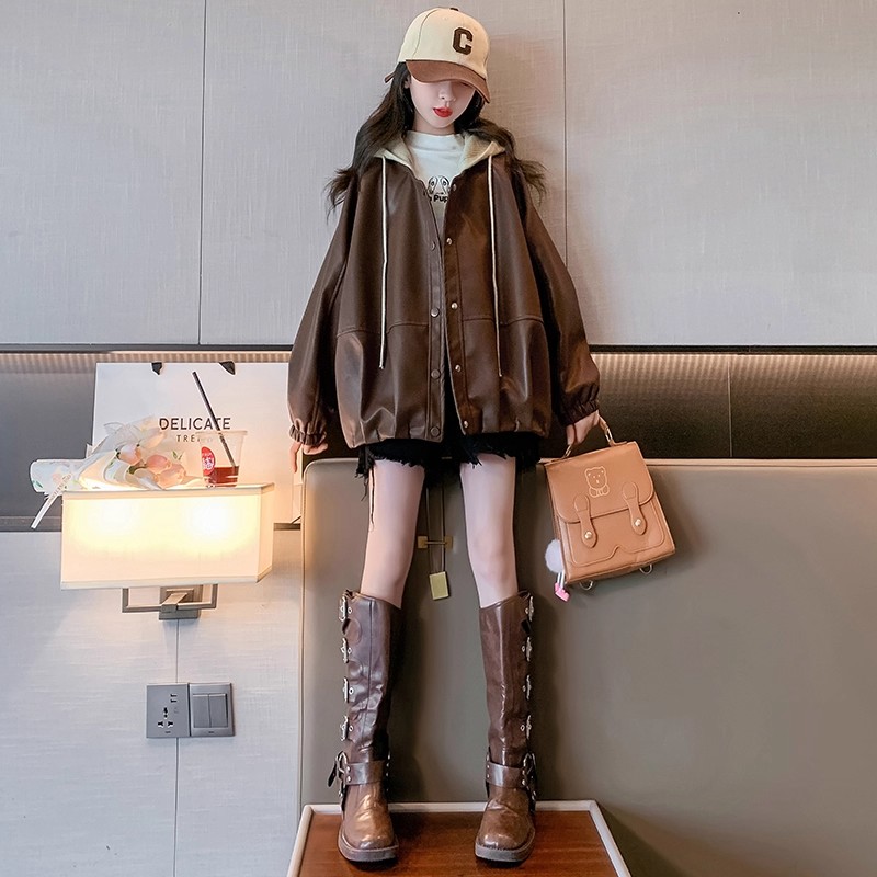 女大童春装皮衣2025新款韩版时髦洋气连帽夹克上衣女孩春秋外套潮