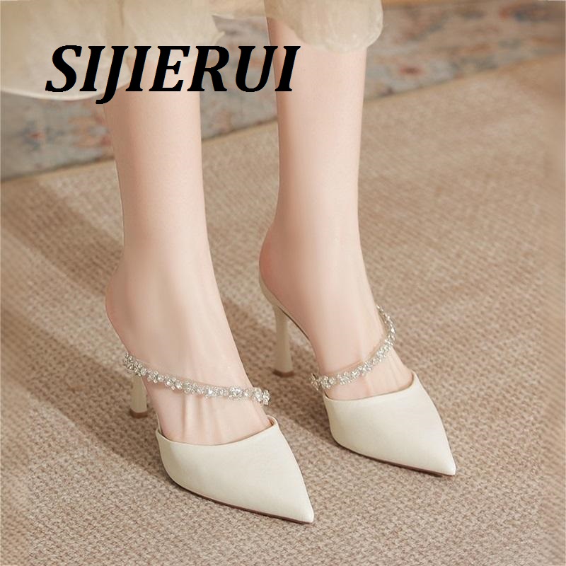 SIJIERUI法式尖头水钻高跟拖鞋女2025年夏季细跟气质性感包头拖鞋